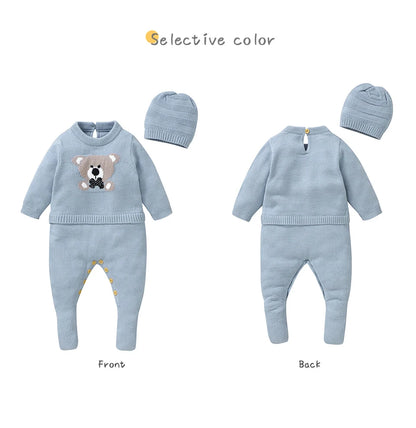 Baby Knitted Romper & Hat Set (0–18M) – Long Sleeve Outfit