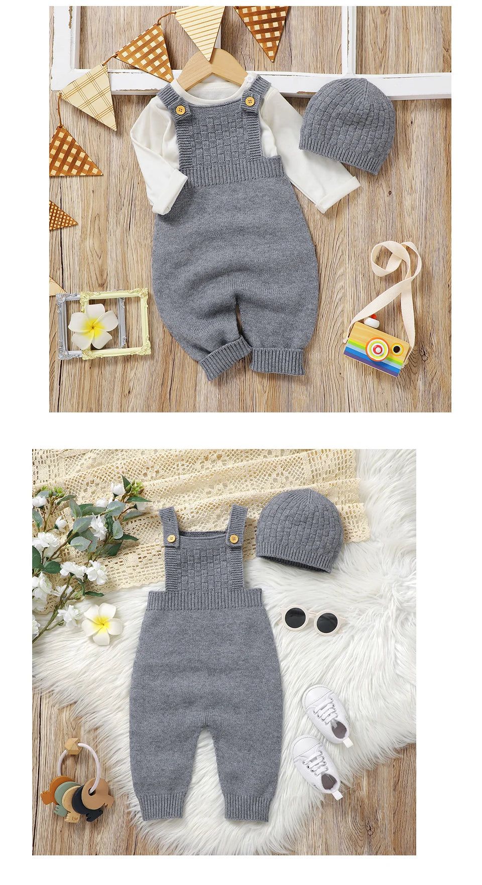 Baby Romper & Hat Set (0–18M) – Solid Color Knitted Outfit - Lumuana