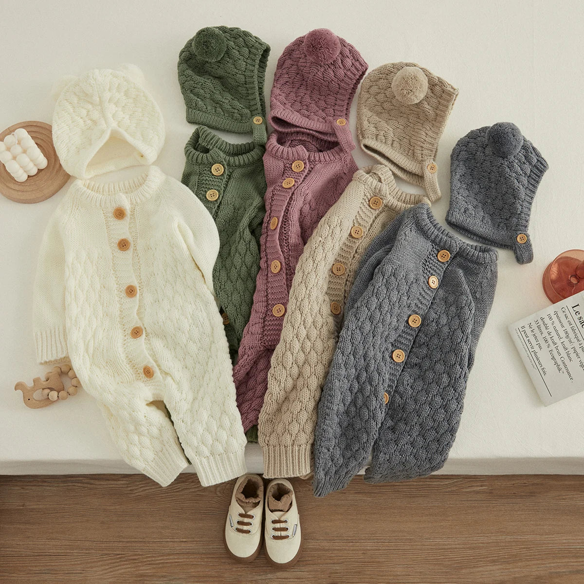 2PCS Infant Winter Outfit – Baby Knitted Jumpsuit with Bear Hat