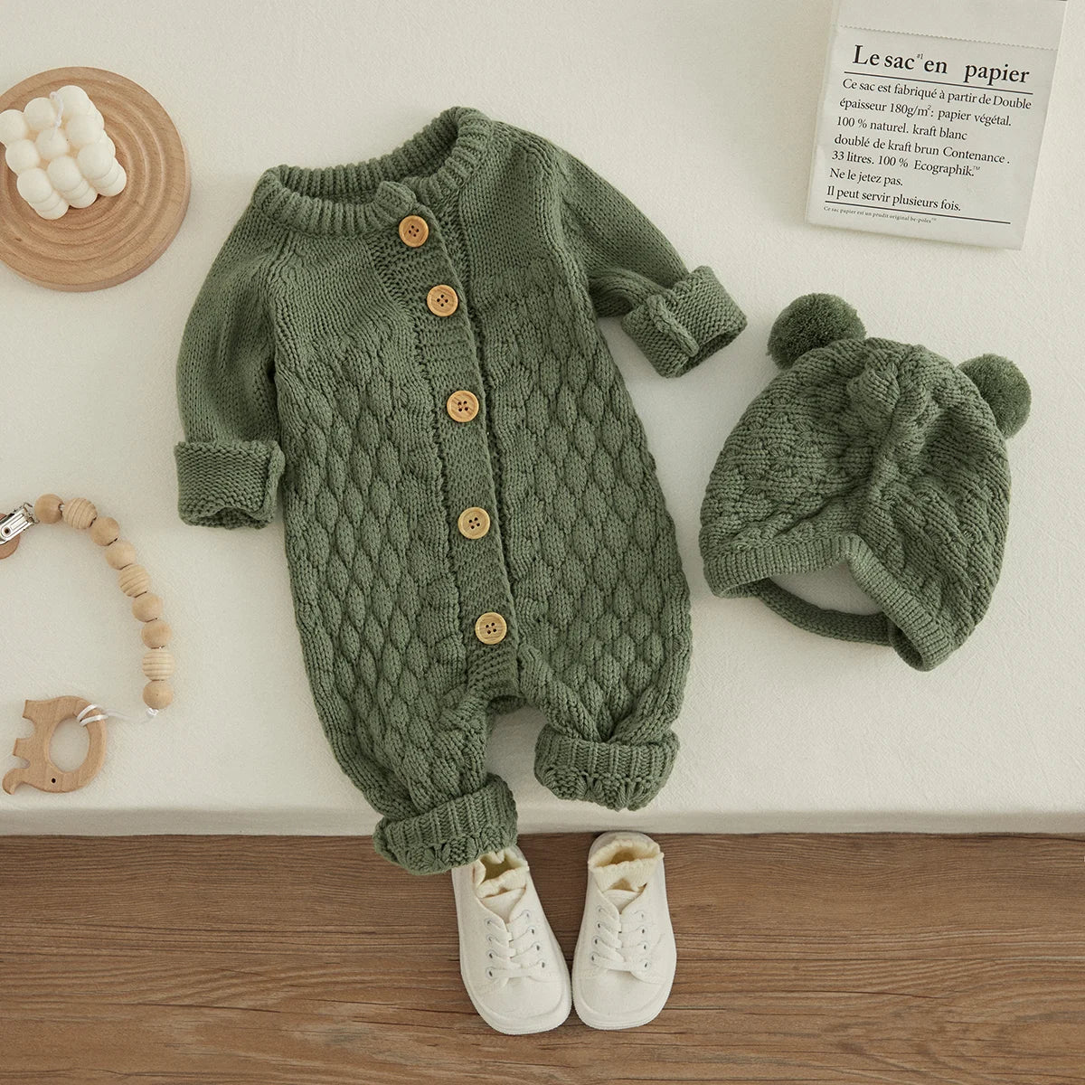 2PCS Infant Winter Outfit – Baby Knitted Jumpsuit with Bear Hat