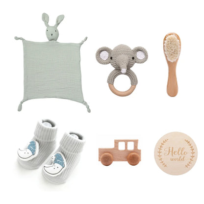 7 PCS Baby Shower Gift Set – Double-Sided Cotton Blanket, Bath Accessories & Wooden Crochet Rattle