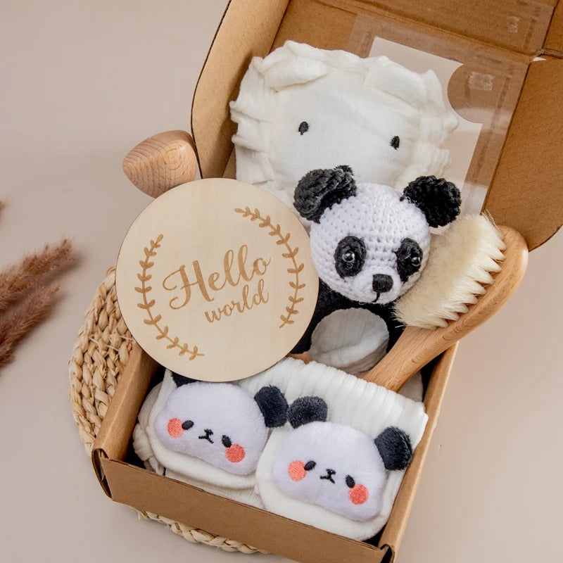 7 PCS Baby Shower Gift Set – Double-Sided Cotton Blanket, Bath Accessories & Wooden Crochet Rattle