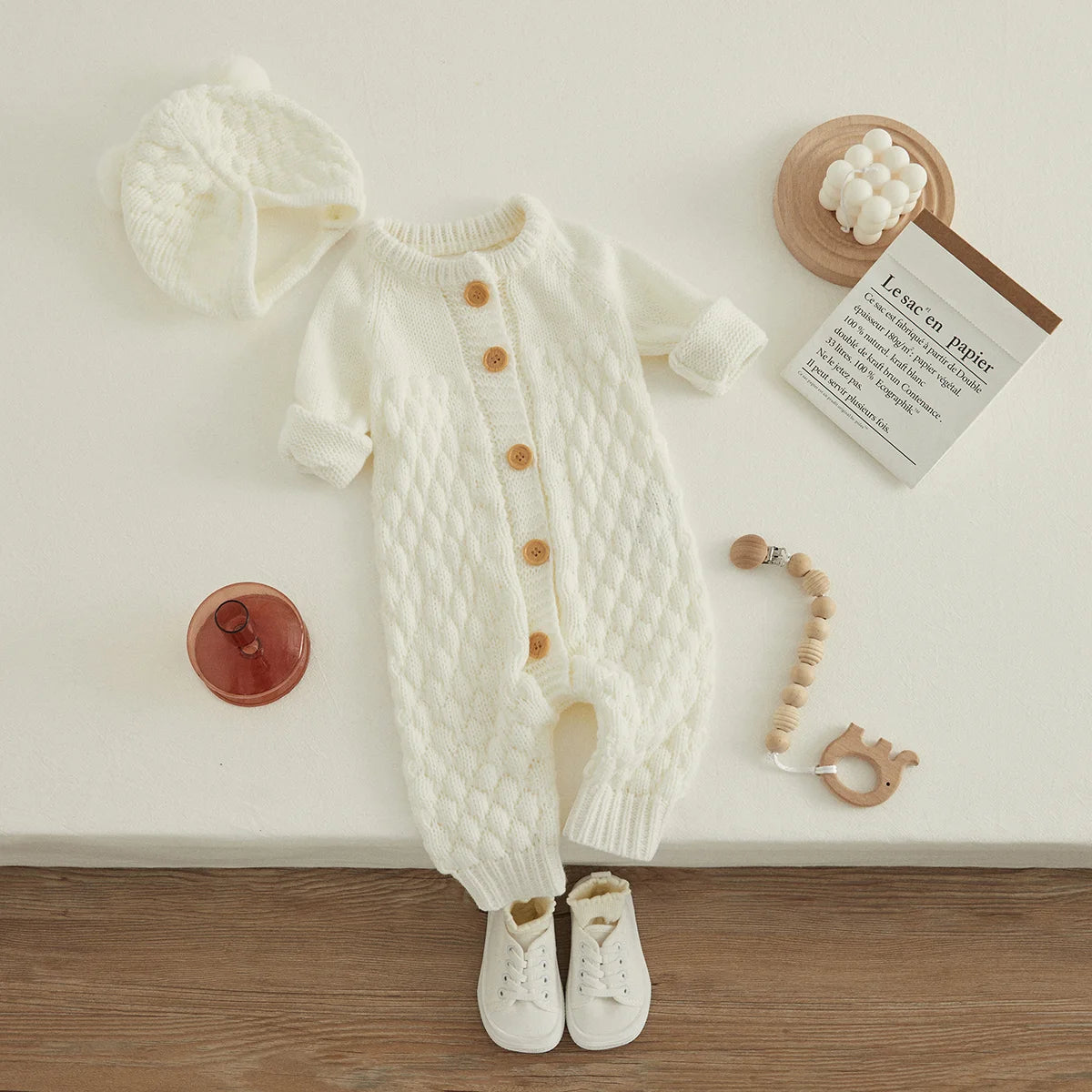 2PCS Infant Winter Outfit – Baby Knitted Jumpsuit with Bear Hat
