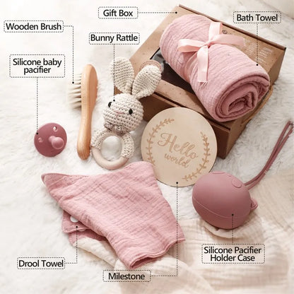 7PCS Baby Gift Set – Cotton Blanket, Towel, Bibs & Toys