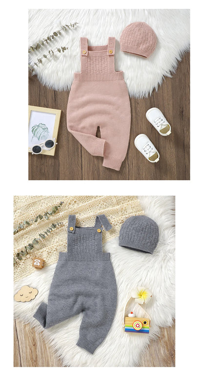 Baby Romper & Hat Set (0–18M) – Solid Color Knitted Outfit - Lumuana