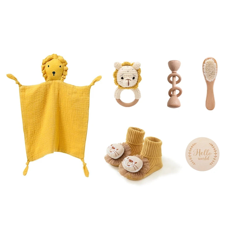 7 PCS Baby Shower Gift Set – Double-Sided Cotton Blanket, Bath Accessories & Wooden Crochet Rattle