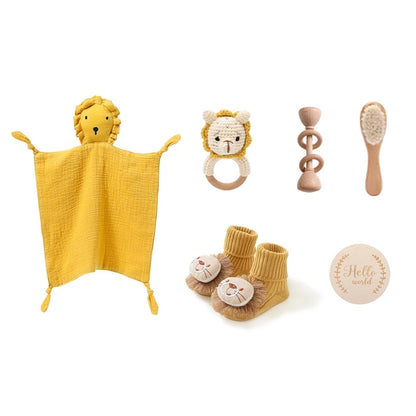 7 PCS Baby Shower Gift Set – Double-Sided Cotton Blanket, Bath Accessories & Wooden Crochet Rattle