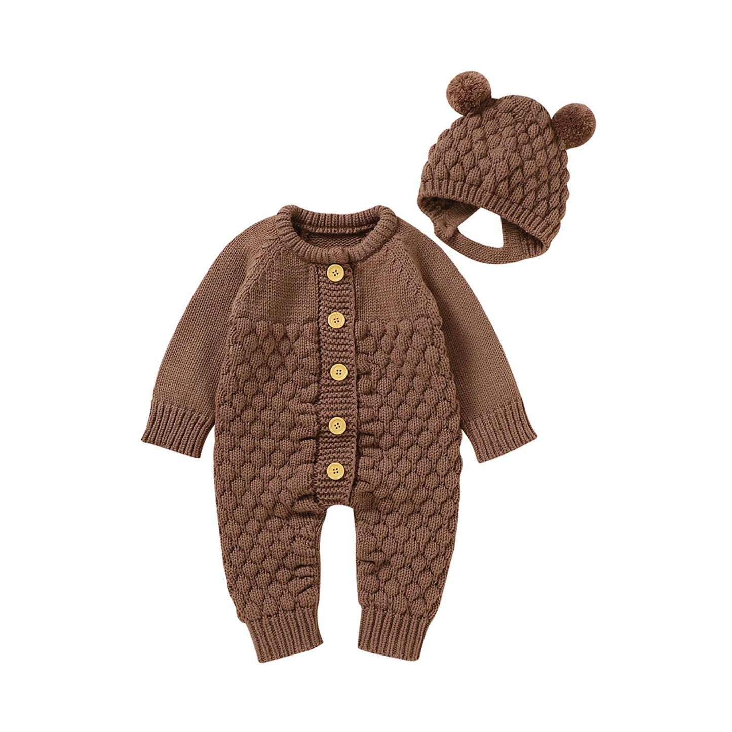 2PCS Infant Winter Outfit – Baby Knitted Jumpsuit with Bear Hat
