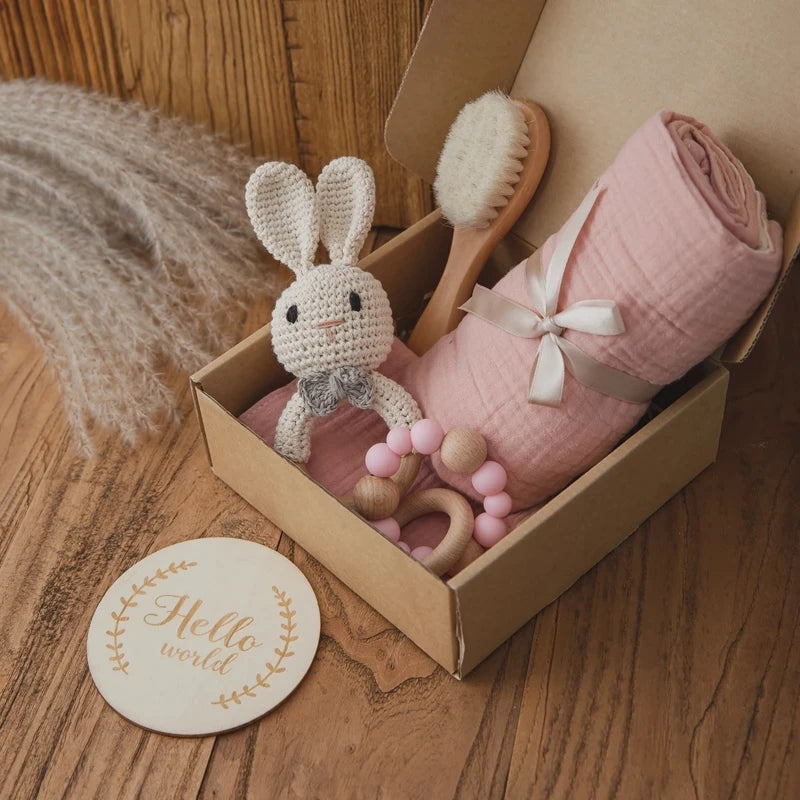 Baby Rattle & Teether Set – Soft Cotton Animal Toy with Crochet Sensory Doll