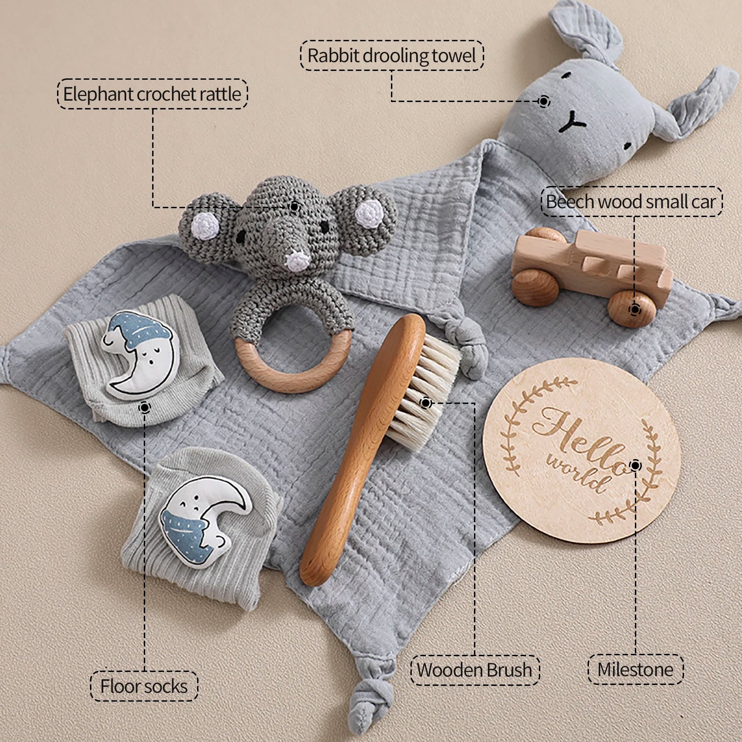 7 PCS Baby Shower Gift Set – Double-Sided Cotton Blanket, Bath Accessories & Wooden Crochet Rattle