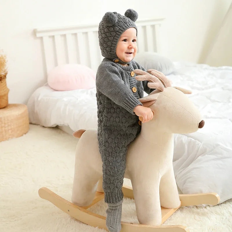 Infant Newborn Baby 2PCS Winter Warm Outfits, Long Sleeve Solid Color Knitted Romper + Bear Hat Set