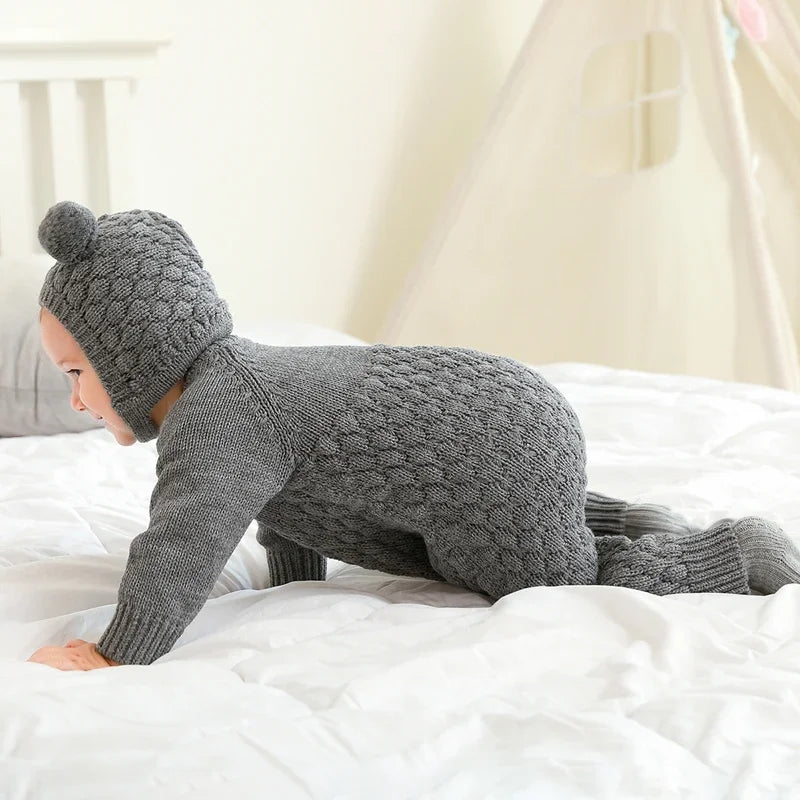 Infant Newborn Baby 2PCS Winter Warm Outfits, Long Sleeve Solid Color Knitted Romper + Bear Hat Set