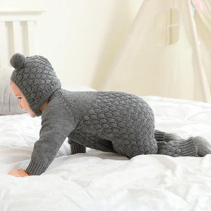 Infant Newborn Baby 2PCS Winter Warm Outfits, Long Sleeve Solid Color Knitted Romper + Bear Hat Set