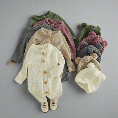 2PCS Infant Winter Outfit – Baby Knitted Jumpsuit with Bear Hat