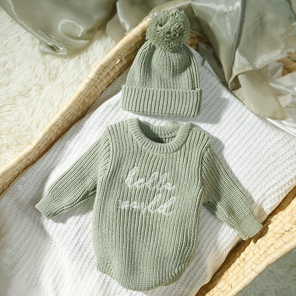 Hello World Knitting Newborn Photography Romper with Matching Pomp Hat Baby Boy Girl Sweater Outfits for Photo Shooting