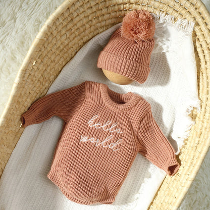 Hello World Knitting Newborn Photography Romper with Matching Pomp Hat Baby Boy Girl Sweater Outfits for Photo Shooting