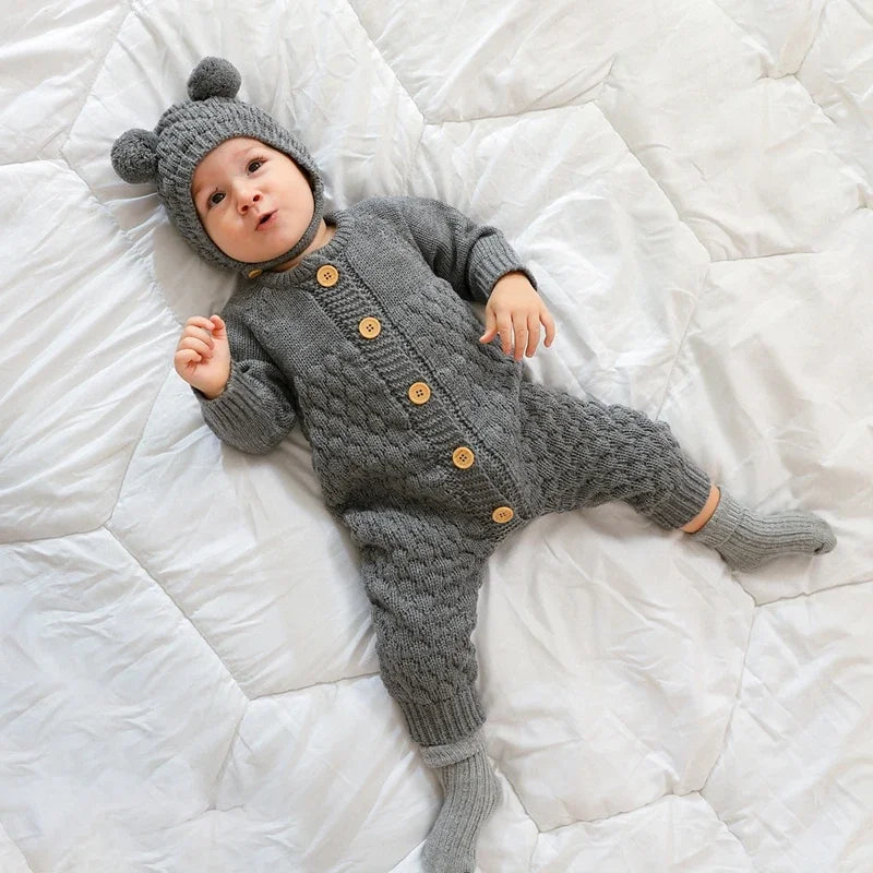 Infant Newborn Baby 2PCS Winter Warm Outfits, Long Sleeve Solid Color Knitted Romper + Bear Hat Set